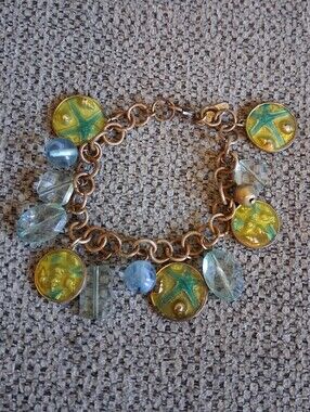 Gold-Tone Nautical Charm Bracelet with Yellow-Green Enamel & Light Blue Beads